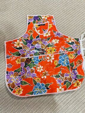 Oilcloth Kitchen Apron Floral Orange Hibiscus Cottagecore 3 Pockets Gloveables